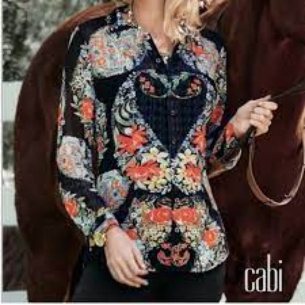 CAbi #3072 Amour Semi Sheer Blue + Orange Printed Button Down Blouse Size Small